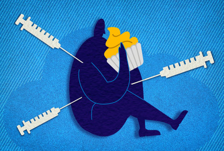 Insulin Resistance Concept - Overweight Person Eating a Muffin and Surrounded by Syringes - Conceptual Illustrationの写真素材