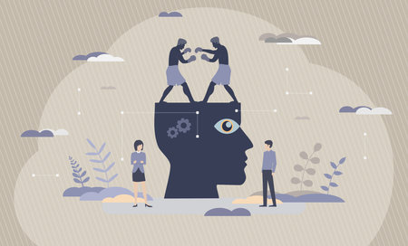 Cognitive Dissonance - State of Discomfort Felt when Two or More Modes of Thought Contradict Each Other Within the Same Mind - Conceptual Illustrationの写真素材