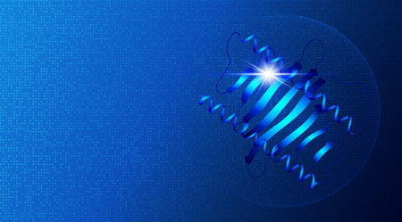 Proteomics and Functional Genomics - The Large-scale Study of Proteins in Living Organisms - A Protein Isolated on Blue Tech Background - Conceptual Illustration with Copy Spaceの写真素材