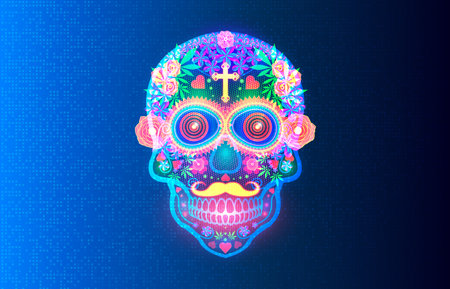 Mexican Sugar Skull - Calavera as a Joyful Tribute to Mexican Culture - Bright Sugar Skull Adorned with an Array of Colorful Flowers and Intricate Patterns Celebrating the Day of the Dead - Conceptual Illustrationの写真素材