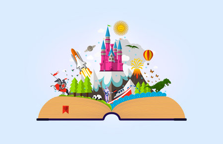 Creativity and Imagination in Childhood - Vibrant Open Book with Imaginary Elements Symbolizing the Power of Reading and Creativity During Childhood - Conceptual Illustrationの写真素材