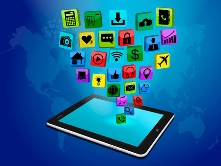 Social media networking, tablet computer with application icon,  technology business software idea concept,digital marketing, vector illustrationのイラスト素材