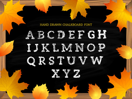 Hand drawn chalkboard font on autumn leaves background. Vector illustrationのイラスト素材