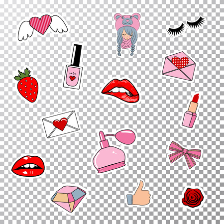 Set of contemporary patches elements:  lips, hearts, cute girl and other elements.のイラスト素材