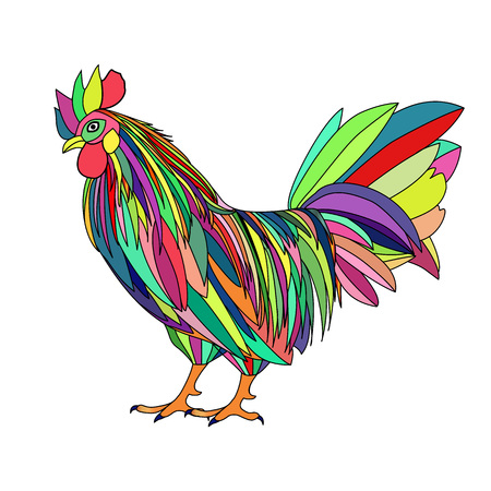 Vector illustration of rooster, symbol of 2017 on the Chinese calendar. Varicolored silhouette cock. Vector element for New Year's design. Image of 2017 year of Red Rooster.のイラスト素材