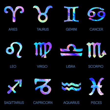 Zodiac icons. Horoscope set on black background. Vector illustrationのイラスト素材