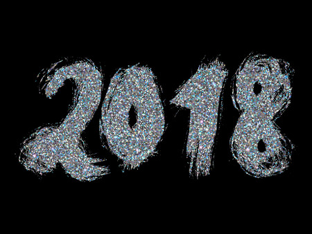 2018 New Year. Silver lettering with bright sparkles on black background. Vector
