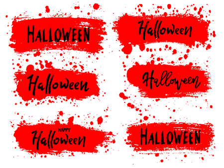 Happy Halloween vector lettering on black splash background. Holiday calligraphy  for banner, poster, greeting card, party invitation.のイラスト素材