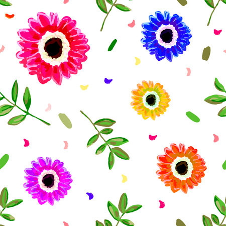 Seamless repeating pattern with hand painted flower blossoms on white background. Hand drawn vector illustration for fabrics, greeting cards, wrapping paper, cover
のイラスト素材