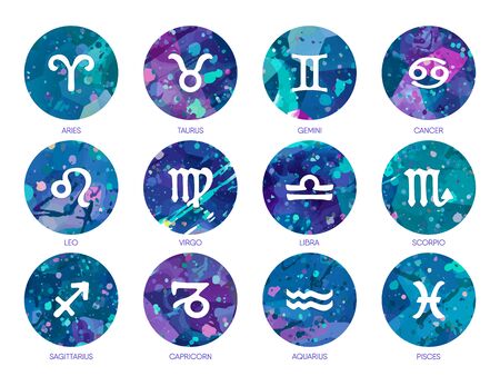 Zodiac icons on watercolor background. Free Hand drawing.のイラスト素材
