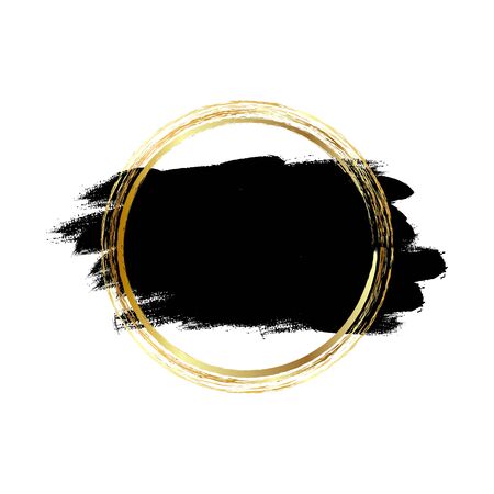 Black paint, ink brush strokes, brushes, lines with gold circle. Dirty artistic design elements, frames for text.のイラスト素材