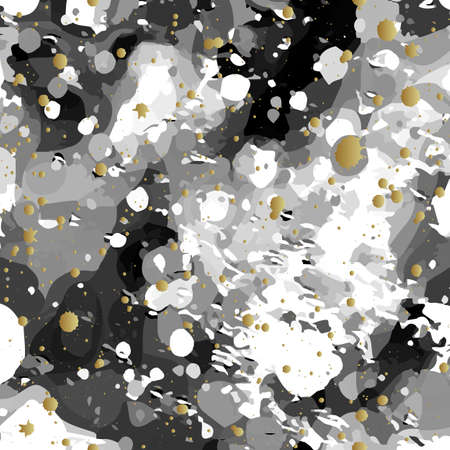 Seamless pattern from black and white splashes and gold smudges. Abstract vectorのイラスト素材