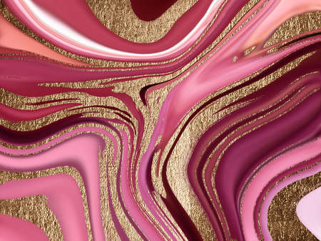 Liquid gold, red and pink marble canvas abstract painting background with gold splatter and stripes texture.の写真素材