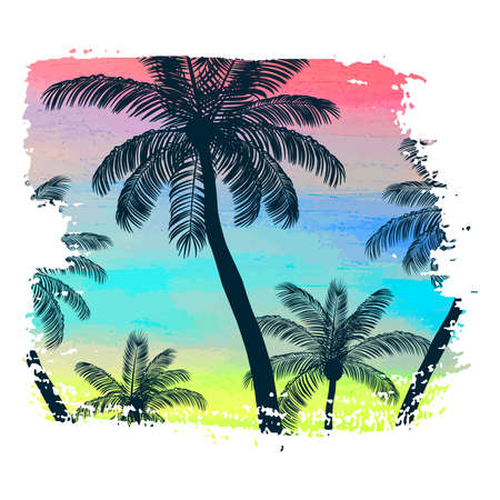 Handmade poster on watercolor brush stroke background with palm trees, creative summer pattern, print. Vectorのイラスト素材