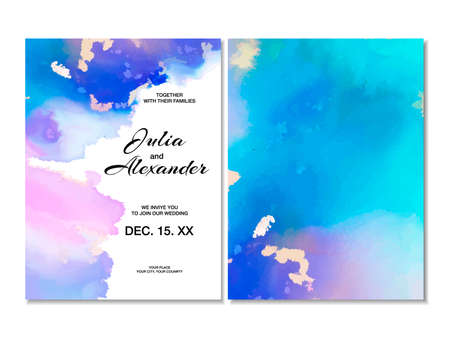 Vector Wedding invitation hand drawn card. Blue brush stroke design with golden stripes. Trendy abstract templateのイラスト素材