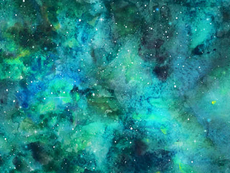 Watercolor space texture, galaxy with glowing stars. Night starry sky with white stardust.の写真素材