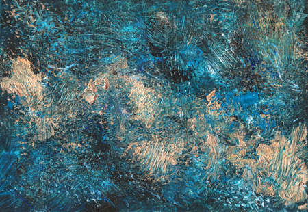 Abstract background with blue and gold brush strokes. Oil interior painting. Paint on canvas. Modern...