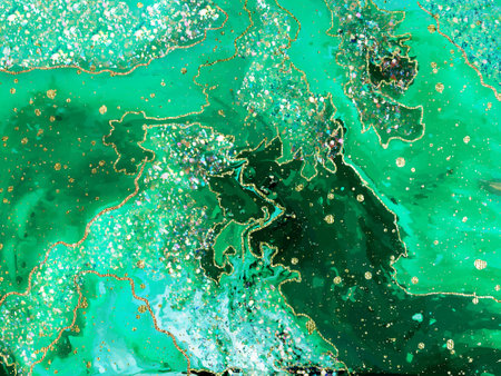 Gemstone malachite with golden stripes and sparkles . Ink, paint, abstract. Abstract Alcohol ink modern abstract painting, modern contemporary art.の写真素材