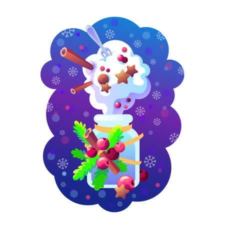 Marshmallow christmas dessert. New Year's dessert of marshmallow, cinnamon, cookies and berries. Decorated with a bouquet of Christmas tree, ribbons and berries.のイラスト素材