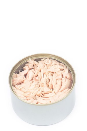 Tuna in vegetable oil in opened can on white isolatedの写真素材