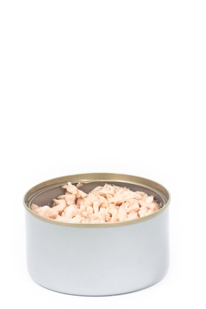 Tuna in vegetable oil in opened can on white isolatedの写真素材