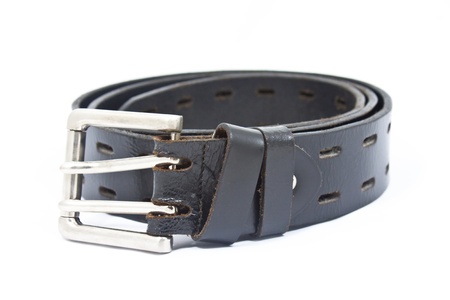 Black leather belt on white background