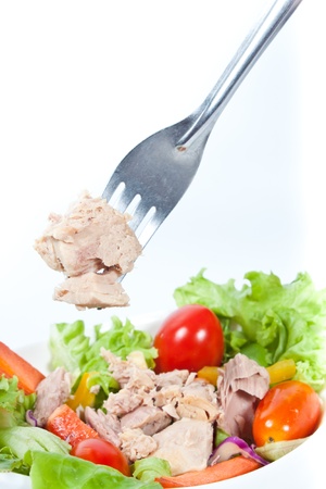 Tuna salad in white  bowl  and some on forkの写真素材