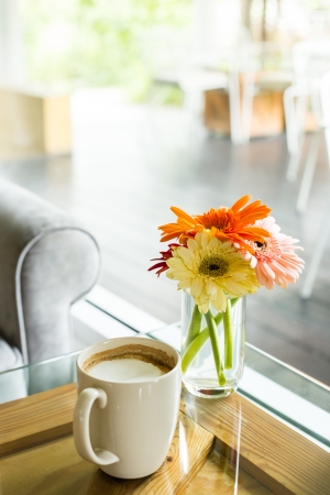 Cup of hot coffee on the table in cafe  restaurantの写真素材