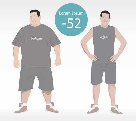 cartoon characters, different stages, fat problems, strong sport and fat people, fast food problem, vector illustrationのイラスト素材