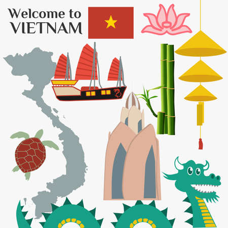 Travel to Vietnam. Set of traditional Vietnamese cultural symbols. Vietnamese landmarks and lifestyle of Vietnamese people.のイラスト素材