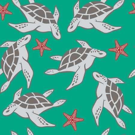 seamless pattern with turtles and starfishのイラスト素材