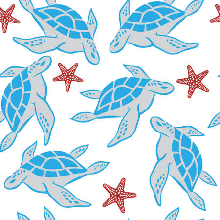 seamless pattern with turtles and starfishのイラスト素材