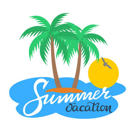 Summer vacation handwriting. Typography, lettering and calligraphy. Poster and flyer design template. Summer landscape with palm trees and sea.のイラスト素材