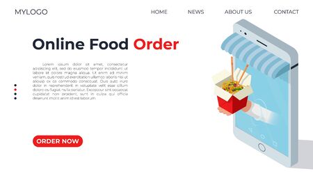 The conceptual template for the web page on the topic of food delivery. The concept of ordering Wok box using a smartphone. Food delivery to your home. Vector isometric illustration.のイラスト素材