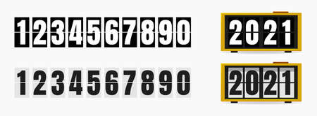 Vector illustration of a flip clock with a set of numbers in two colors. Simple flip clock on a light isolated background. Trendy vector illustration for web and print. Objects are isolated.のイラスト素材