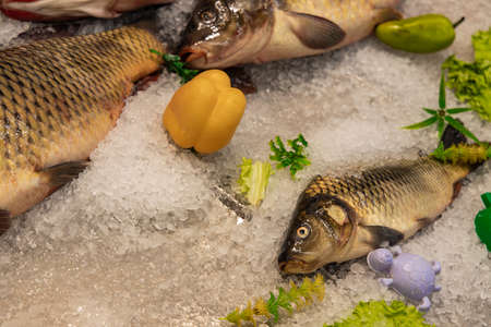 frozen fish in refrigerator counter product mall backgroundの写真素材