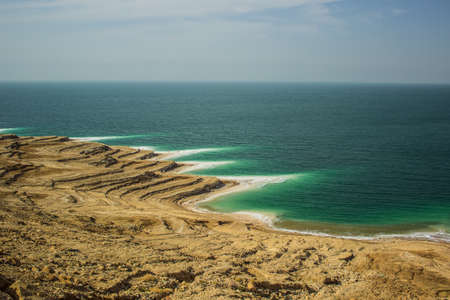 dead sea wilderness coast beach cliffs Middle East health care destination scenic landscape top view aerial photography with empty copy space for your textの写真素材