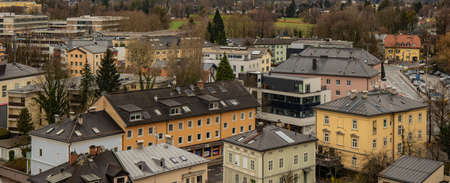 medieval European city district aerial view from above with old small living buildings in Salzburg Austria central Europe countryの写真素材
