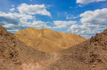 global warming results of dry wasteland desert landscape with bare sand stone rocks and dunes on blue sky white clouds background spaceの写真素材