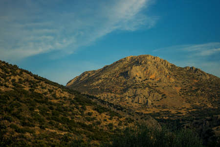 mountain landscape soft focus peak of rock in twilight lighting time before sunset, blue sky...