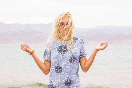 staying yoga pose woman portrait morning laziness mood recreation activities concept picture on...