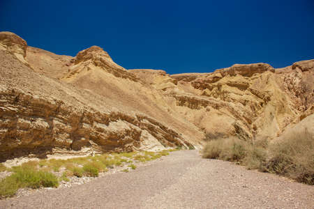 sand stone canyon rocky landscape wasteland of Negev Israeli desert in dry summer time seasonの写真素材