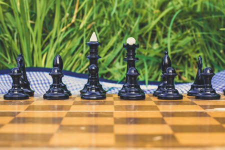 ranks of black chess side figures on wooden desk background surfaceの写真素材