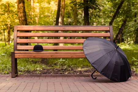 colorful symmetry autumn rainy season vintage concept of black classic vintage umbrella and hat on...
