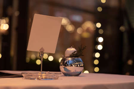 soft focus restaurant nameplate pattern advertising sign on table twilight lighting bokeh...
