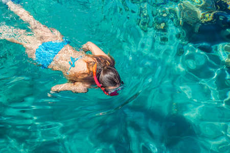 water activity snorkeling and swimming woman pool side top view summer time vacation season wallpaper pattern background picture with empty copy space for your textの写真素材