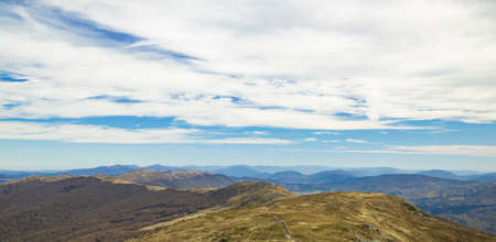top view mountain ridge aerial landscape photography moody nature cloudy sky background space for copy or textの写真素材