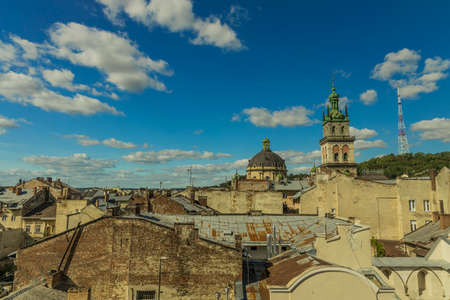 old city ghetto district of Lviv touristic heritage site of Western Ukraine top urban view on houses...