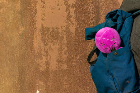 pink doll plush toy creepy smile from hipster bag teenager fashion style concept picture on rusty...