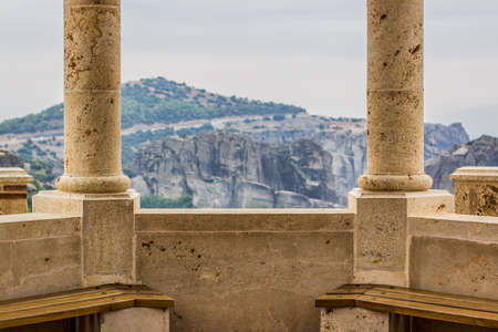 architecture and landscape background pattern concept photography of symmetry stone frame gazebo column European building on gray slightly foggy mountain fondの写真素材